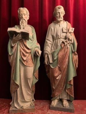 Statues St. Peter & St. Paul Hand - Carved Wood  style Gothic - style en hand-carved wood polychrome, Dutch 19th century ( anno 1875 )