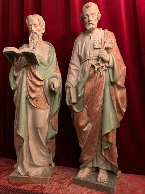 Statues St. Peter & St. Paul Hand - Carved Wood  style Gothic - style en hand-carved wood polychrome, Dutch 19th century ( anno 1875 )