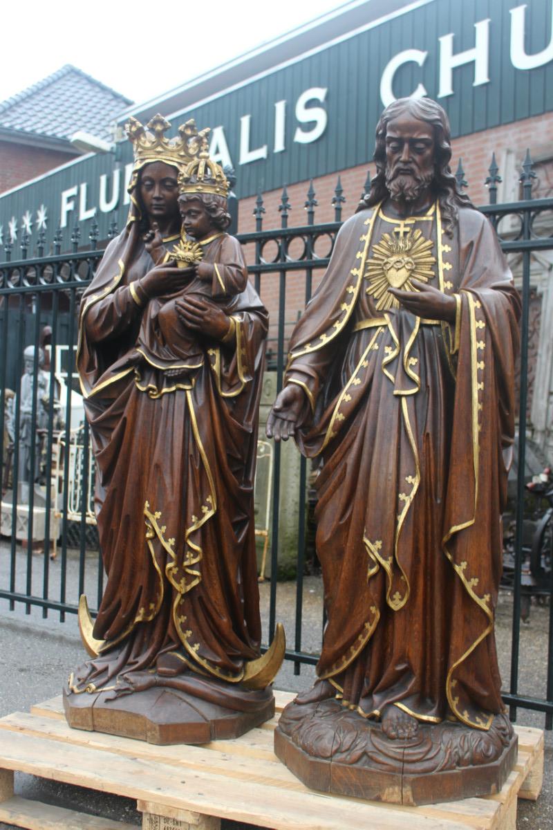 Pair  Hand-Carved Statue St. Mary With Child & Sacred Heart