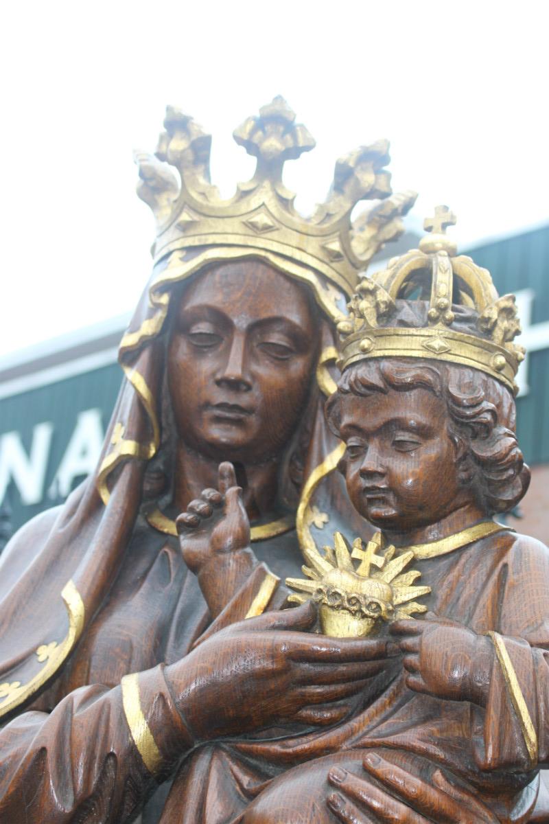 Pair  Hand-Carved Statue St. Mary With Child & Sacred Heart