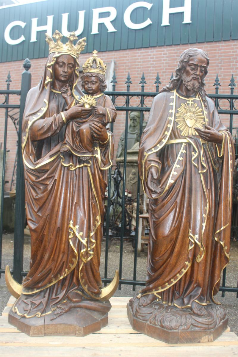 Pair  Hand-Carved Statue St. Mary With Child & Sacred Heart