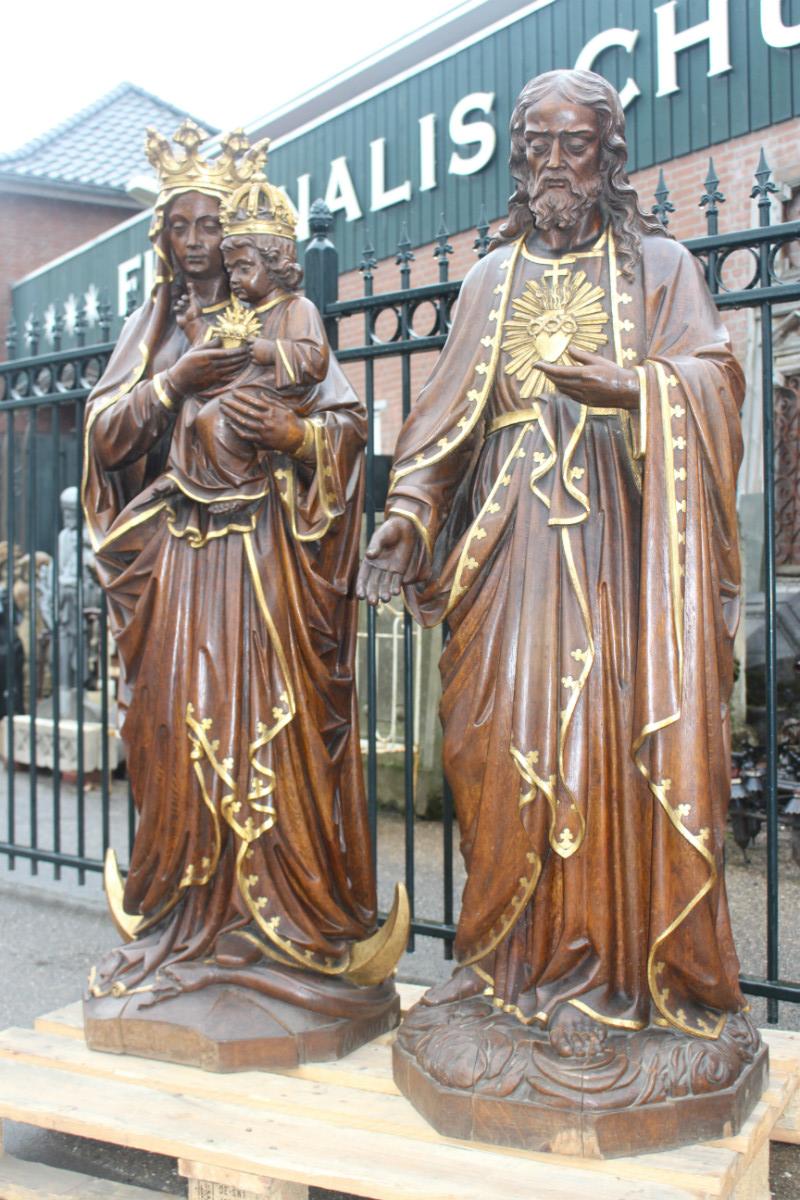 Pair  Hand-Carved Statue St. Mary With Child & Sacred Heart