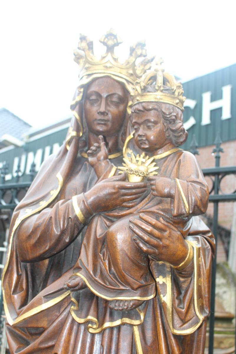 Pair  Hand-Carved Statue St. Mary With Child & Sacred Heart
