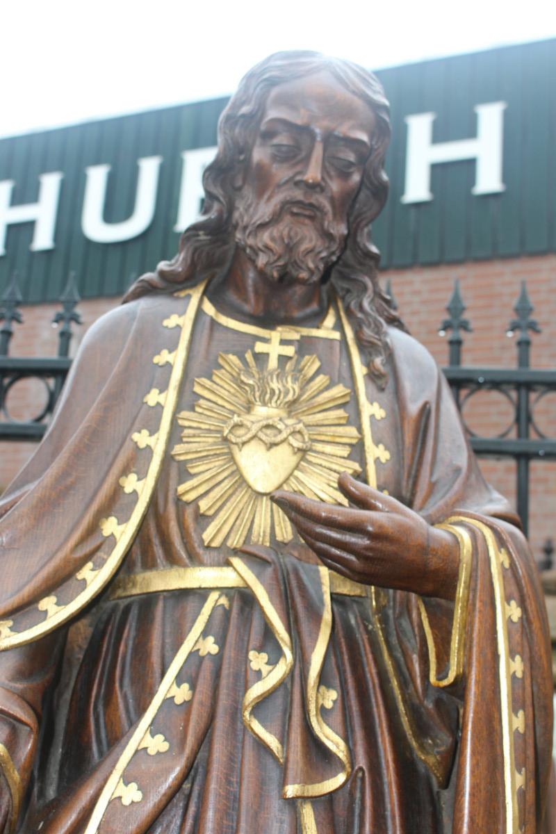 Pair  Hand-Carved Statue St. Mary With Child & Sacred Heart