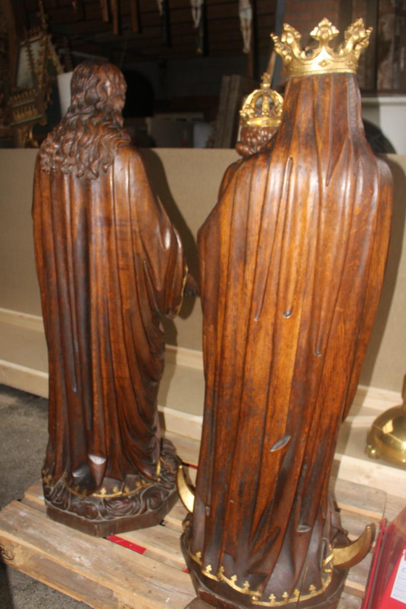 Pair  Hand-Carved Statue St. Mary With Child & Sacred Heart