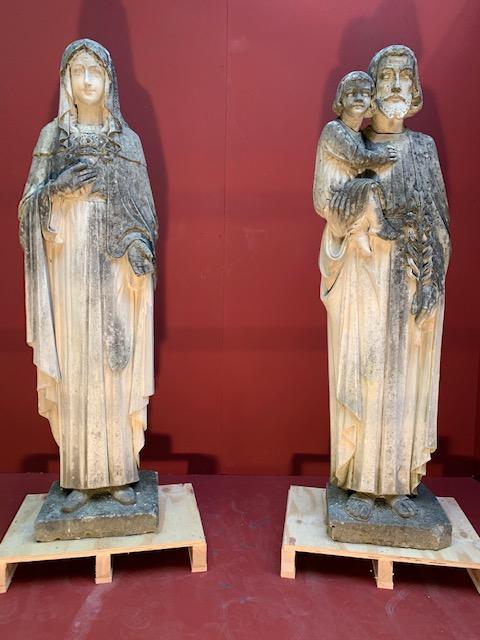 Pair  Handcarved Sandstone St. Joseph Statue With Child & St. Mary Statues.