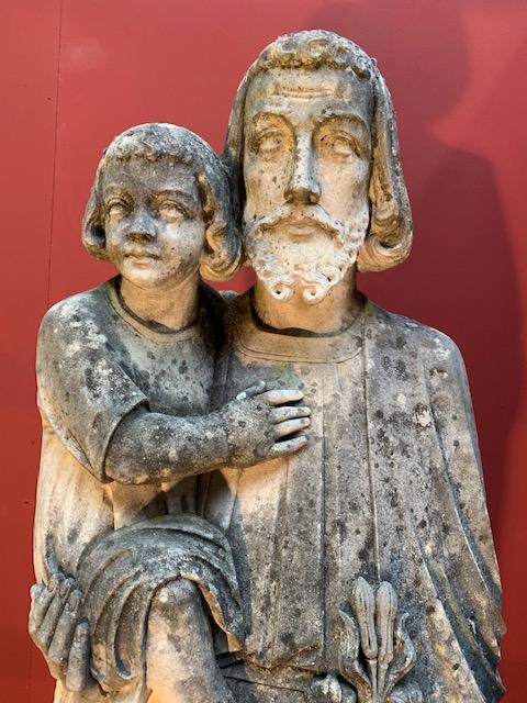 Pair  Handcarved Sandstone St. Joseph Statue With Child & St. Mary Statues.