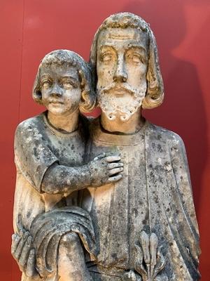 Handcarved Sandstone St. Joseph Statue With Child & St. Mary Statues. en hand-carved sandstone, Dutch 19th century