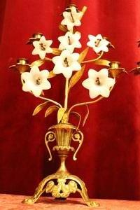 Lilies Candle Holders en Brass / Bronze / Porcelain Lilies, France 19th century (1875)