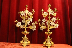 Lilies Candle Holders en Brass / Bronze / Porcelain Lilies, France 19th century ( anno 1875 )