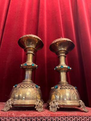 Matching Candle Sticks Height Without Pin. en Brass / Bronze / Stones., Belgium  19 th century ( Anno 1885 )