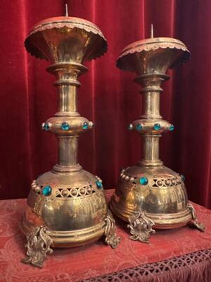 Matching Candle Sticks Height Without Pin. en Brass / Bronze / Stones., Belgium  19 th century ( Anno 1885 )