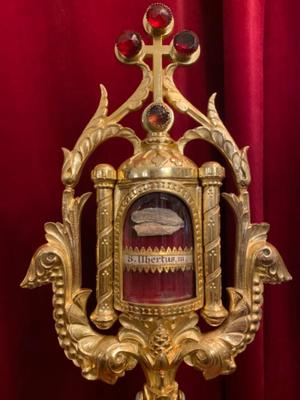 Reliquaries - Relics Ex Ossibus St. Ubertus M. St. Auxentius M.  style Neo Classicistic en Brass / Bronze / Polished and Varnished / Stones, France 19 th century ( Anno 1890 )