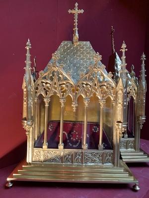 Two Large Matching Full Bronze Wall-Reliquaries To Compose To One Double-Sided Reliquary style Gothic - style en Bronze / Polished and Varnished, France  19th century ( anno 1875 ) the measures concern the total reliquary