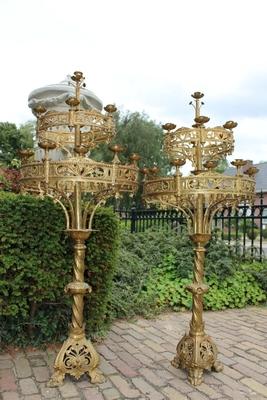 Candle Holders style Romanesque en Brass / Bronze / Gilt, France 19th century (anno about 1880 )