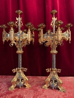 Candle Holders style Romanesque en Brass / Bronze / Gilt, France 19th century ( anno 1890 )