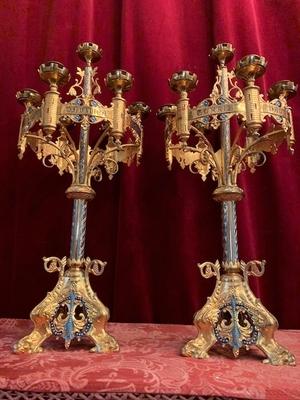 Candle Holders style Romanesque en Brass / Bronze / Gilt, France 19th century ( anno 1890 )
