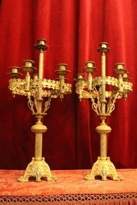 Candle Holders style Romanesque en Bronze / Gilt / Blue Decoration, France 19th century ( anno 1875 )