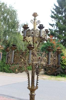 Candle Holders  style Romanesque en Full Bronze / Gilt /  Gemstones, France 19th century ( anno about 1880 )