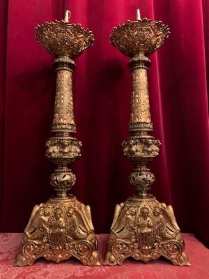 Candle Sticks style Romanesque en Brass / Gilt, France 19th century ( anno 1890 )