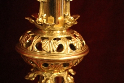 Candle Sticks style Romanesque en Brass / Polished / New Varnished, France 19th century ( anno 1875 )