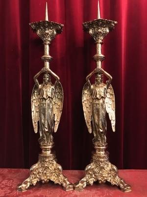 Candle Sticks Measures Without Pin style Romanesque en Full Bronze / Polished , France 19th century ( anno 1870 )