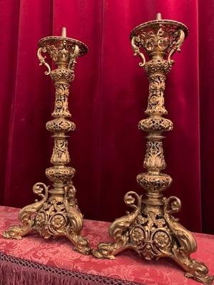 Candle Sticks Measures Without Pin style Romanesque en Bronze / Gilt, France 19th century ( anno 1890 )