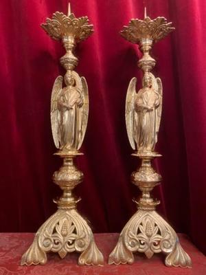 Candle Sticks Measures Without Pin style Romanesque en Bronze / Polished / New Varnished, France 19th century ( anno 1875 )