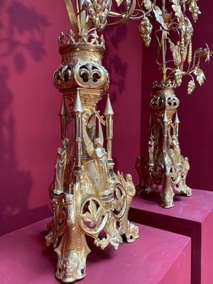 Flower Candle Holders style Romanesque en Brass / Bronze / Gilt, France 19th century ( anno 1890 )