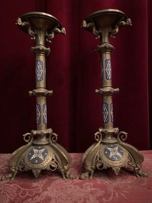 Matching Candle Sticks style Romanesque en Bronze / Gilt / Enamel, France 19th century