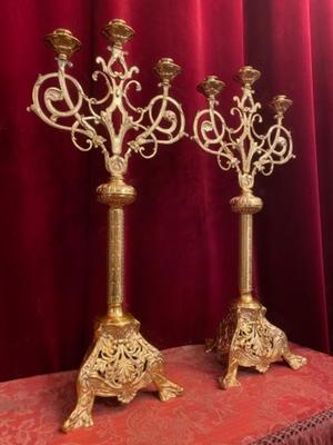 Candle Holders style Romanesque - Style en Brass / Polished / New Varnished, France 19th century ( anno 1890 )