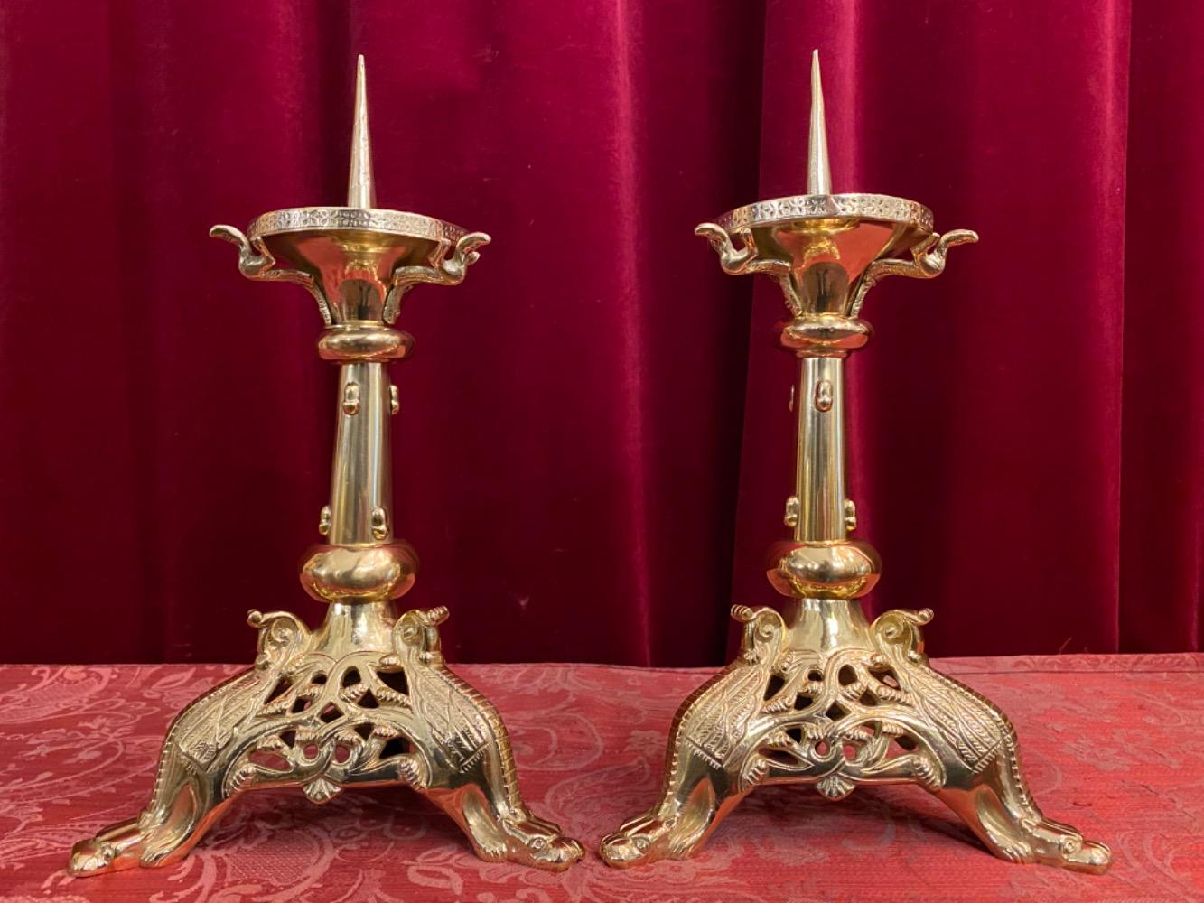 Pair Romanesque - Style Candle Holders Measures Without Pin