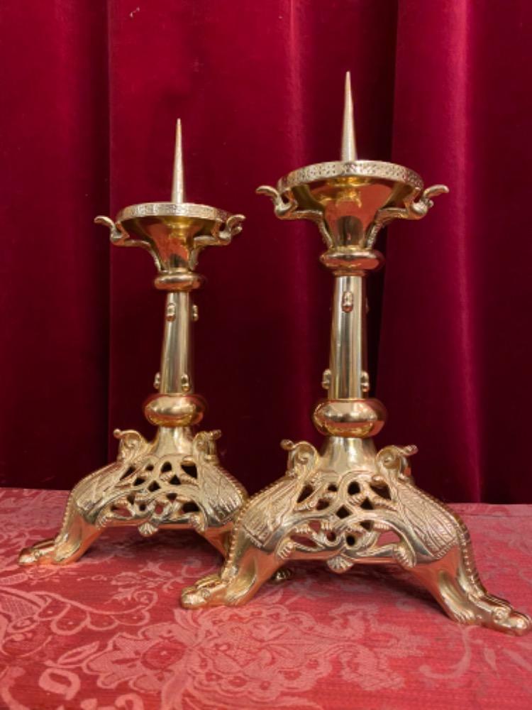 Pair Romanesque - Style Candle Holders Measures Without Pin