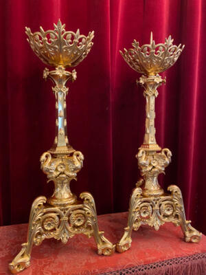 Candle Holders Measures Without Pin style Romanesque - Style en Full Bronze / Gilt Polished and Varnished, France 19 th century ( Anno 1865 )