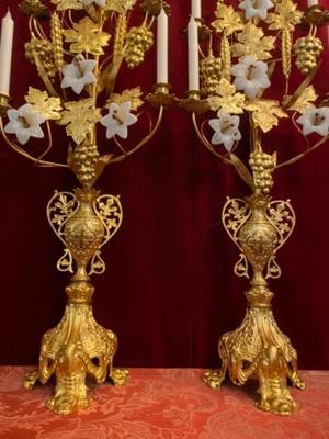 Flower Candle Holders style Romanesque - Style en Brass / Bronze / Gilt / Porcelain Flowers, France 19th century ( anno 1875 )