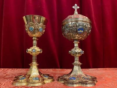 Matching Chalice & Ciborium style Romanesque - Style en Full - Silver Enamel, Paris France 19 th century