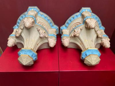 Matching Hanging Pedestals style Romanesque - Style en Terra-Cotta polychrome, France 19th century ( anno 1875 )