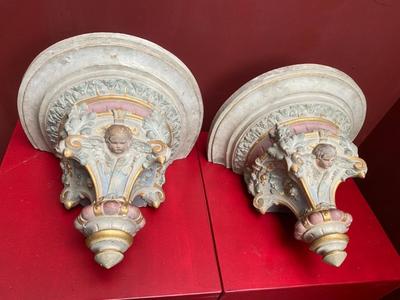 Matching Hanging Pedestals style Romanesque - Style en Terra - Cotta Polychrome, France 19 th century ( Anno 1875 )