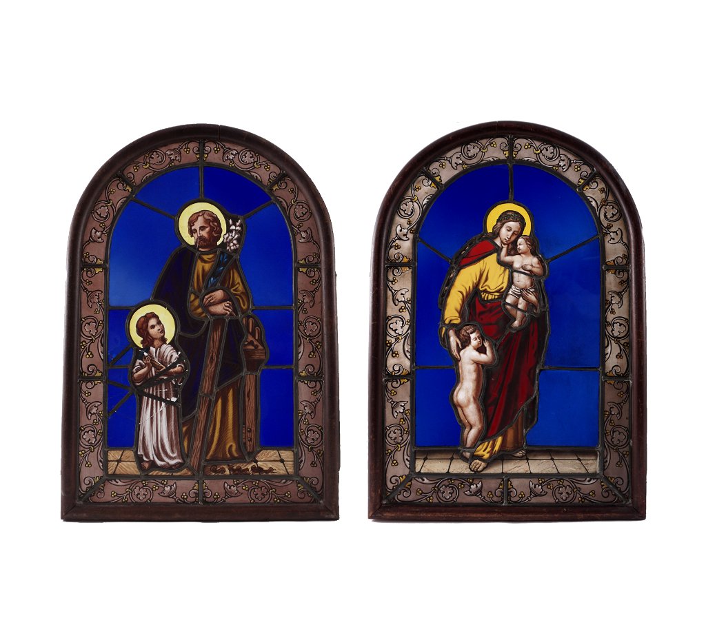 Pair Romanesque - Style Stained Glass Windows