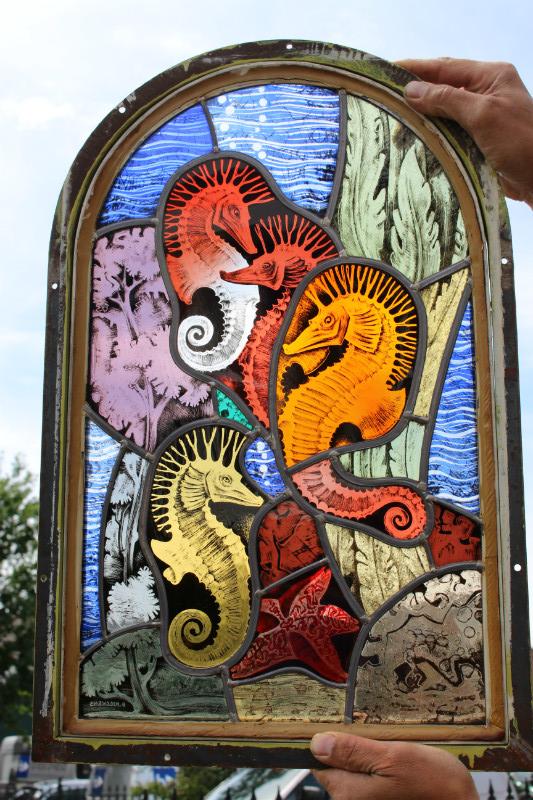 Pair  Stained Glass Windows Signed F. Kieckens