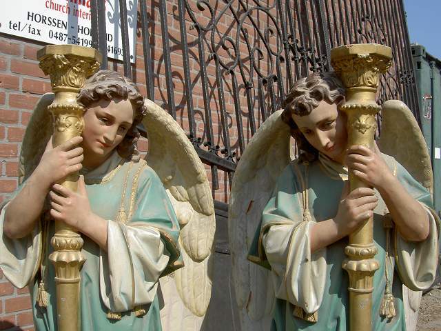 PAIR TERRA COTTA ANGELS WITH PEDESTALS
