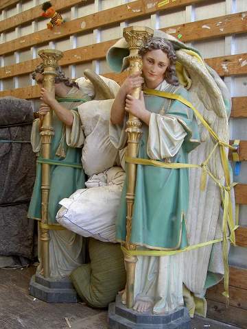PAIR TERRA COTTA ANGELS WITH PEDESTALS