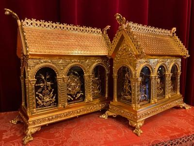 Exceptional Pair Of Large Multi - Reliquaries In Original En Perfect Condition For Names : See Detail - Pictures. Higher Price - Range style Romanesque - Style en Bronze / Polished and Varnished, France 19 th century ( Anno 1865 )