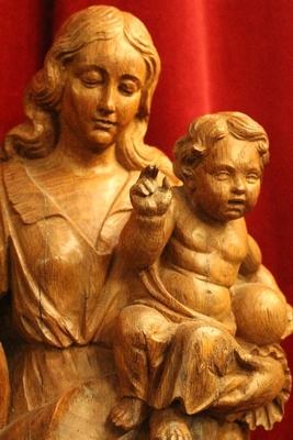 Sculpture St. Mary With Child And Matching Console Total Height 86 Cm. Height Statue 61 Cm. en fully hand-carved wood oak , Belgium 20th century ( anno 1915  )