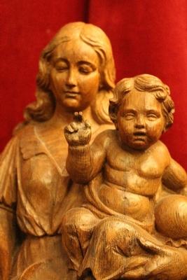 Sculpture St. Mary With Child And Matching Console Total Height 86 Cm. Height Statue 61 Cm. en fully hand-carved wood oak , Belgium 20th century ( anno 1915  )