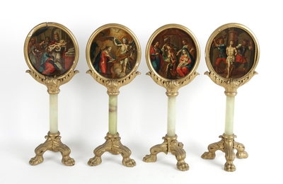 Series Of 4 Rosary Stand-Images, Both Sites Fully Hand-Painted Imaginations, Oil On Brass, Onyx Columns, Hand-Carved Feet.  Italy  19th century Anno about 1825