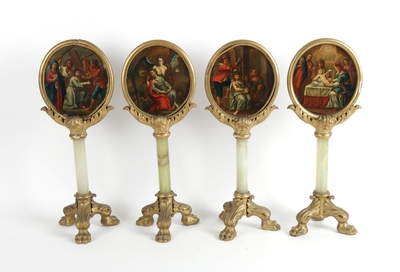 Series Of 4 Rosary Stand-Images, Both Sites Fully Hand-Painted Imaginations, Oil On Brass, Onyx Columns, Hand-Carved Feet.  Italy  19th century Anno about 1825