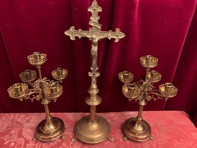 Candle Holders With Matching Cross. Height Cross 53 Cm. Candle Holders Height 36 Cm. en Brass / Bronze, Belgium 19th century