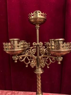 Candle Holders With Matching Cross. Height Cross 53 Cm. Candle Holders Height 36 Cm. en Brass / Bronze, Belgium 19th century