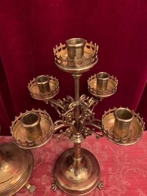 Candle Holders With Matching Cross. Height Cross 53 Cm. Candle Holders Height 36 Cm. en Brass / Bronze, Belgium 19th century